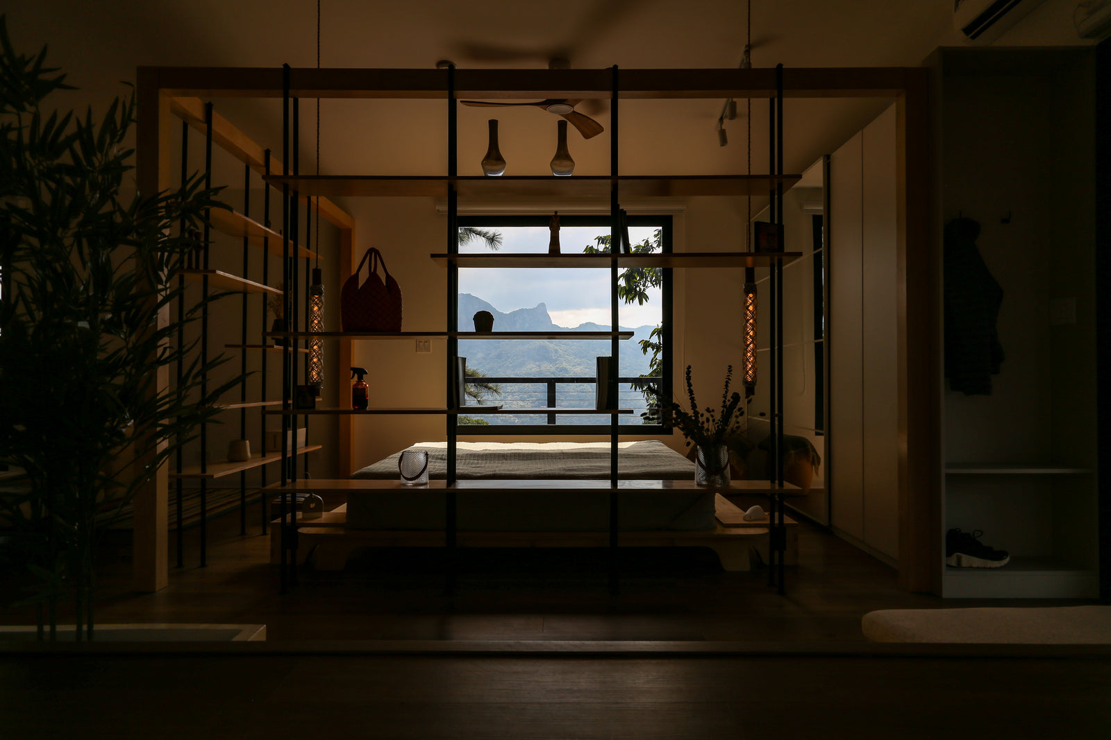 The plan is open throughout, so the furniture does the dividing.
